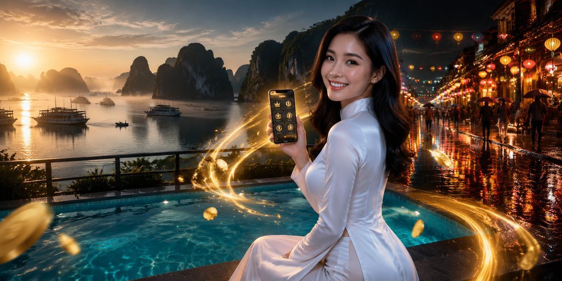 Người phụ nữ mặc áo dài nhận thưởng hoàn cược trước khung cảnh vịnh Hạ Long